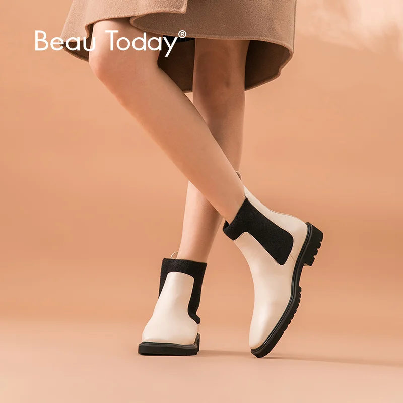 BeauToday/ботинки «Челси»; женские зимние ботильоны из телячьей кожи с квадратным носком на плоской подошве смешанных цветов; ручная работа; 03622 BeauToday/ботинки «Челси»; женские зимние ботильоны из телячьей кожи с квадратным носком на плоской подошве смешанных цветов; ручная работа; 03622