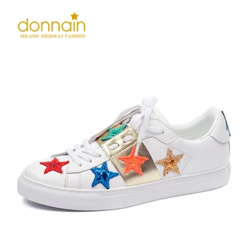 

DONNAIN Autumn Genuine Leather Fashion White Platform Shoes Round Toe Low Heel Casual Sneakers for Women Embroidered Stars
