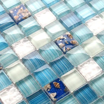 

Blue Crystal glass resin shell mosaic tile, Mediterranean Style wall puzzle bathroom ice cracked tiles