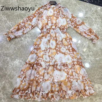 

Ziwwshaoyu Elegant Flower Print Bohemia Chiffon Long Dress Women's Long Sleeve Elastic Waist Pleated Ruffle Dresses