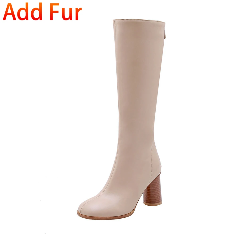 apricot thick fur SARAIRIS/Новые Брендовые женские туфли на высоком квадратном каблуке, большие размеры 32-48 Женские Повседневные Вечерние ботинки до середины икры на осень и зиму - Color: apricot thick fur
