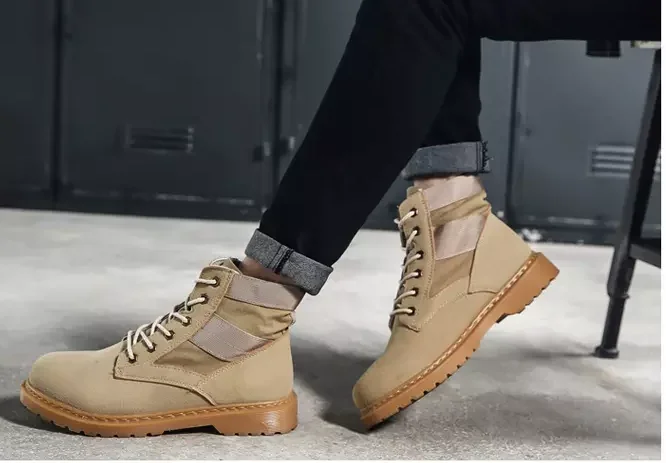 khaki Мужские ботинки с высоким берцем, Осень-зима, из коровьей замши, для походов, резиновые, армейские, до лодыжки, рабочая обувь, водонепроницаемая, для горных прогулок, кроссовки - Цвет: khaki