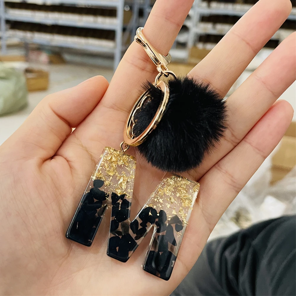 Rhinestone Letter & Pom Pom Charm Keychain