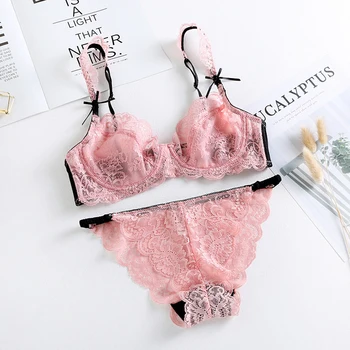 

Women's Lace Lingerie Sets Pink Bra Push Up Sexy Panties Classic Bandage Corset Brassiere Lace Underwear Suits