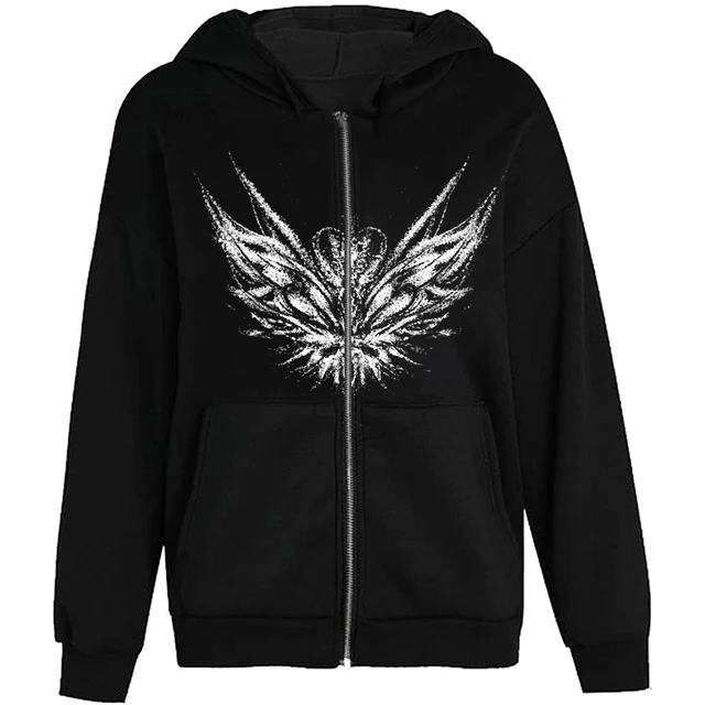 Y2k Butterfly Hoodie Women'S Zipper Harajuku Sweatshirt Fall/Winter Couples European And American Punk Oversized Hoodie Jacket L-0032 black