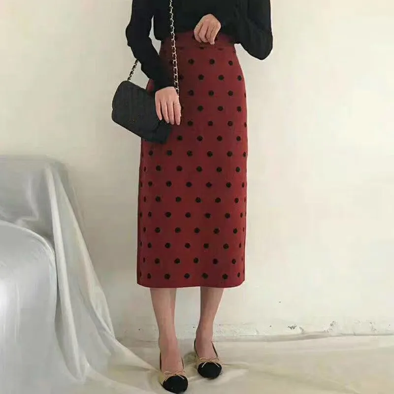

2019 Autumn Women High Waist Pencil Skirt Femme Long Bodycon Sexy Dots Print Skirt Casual Mid-Calf Knitting Skirt