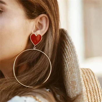 

New Design Statement Earring Red Enamel Heart Earrings for Women Simple Metal Round Circle Dangle Earrings Fashion Party Jewelry