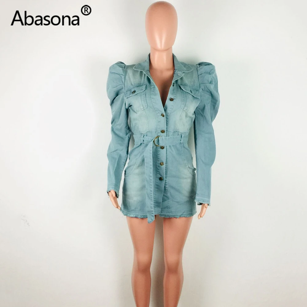 Abasona, Осеннее, женское, зимнее, с отложным воротником, пышное, полный рукав, джинсовое, с карманами, выше колена, мини-платье, сексуальное, для ночного клуба, вечерние платья