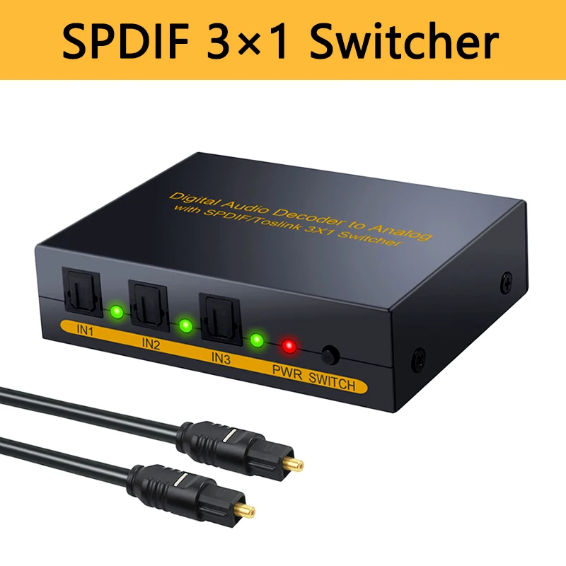 

SPDIF Switch 3x1 Audio Optical Toslink Switcher Adapter Splitter Converter 3 in 1 out to L/R RCA Audio 3.5mm jack for Amplifiers