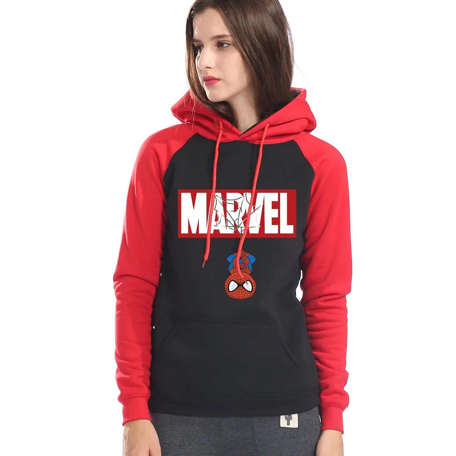 Marvel, супергерой, Человек-паук, женские толстовки, свитшоты, Осень-зима, теплая толстовка,, Мстители, повседневный пуловер с капюшоном - Цвет: red black 6