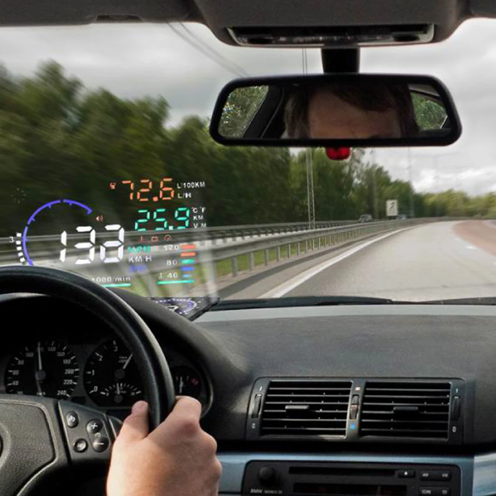 

A8 5.5in Car HUD Headup Display with OBD 2 Interface Plug Auto Driving Parameters Projection For Tesla Model 3 Bmw Ford VW Audi