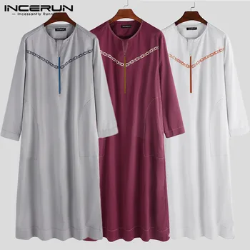 

INCERUN Muslim Clothing Men Islamic Arabic Kaftan Fashion Round Neck Long Sleeve Printed Robes Loose Men Jubba Thobe Abaya S-5XL