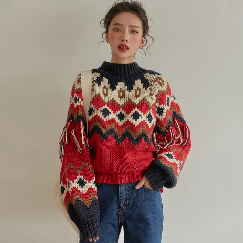 SHENGPALAE, шикарный осенний западный стиль, хит, цветной, бриллиантовый, в горошек, с кисточками, дизайнерский пуловер, круглый вырез, вязаный женский свитер, FT742