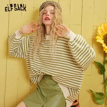 

ELFSACK Green Striped High Low Knit Casual Pullover Sweater Women 2020 Spring Red Korean Lantern Sleeve Soft Ladies Basic Top