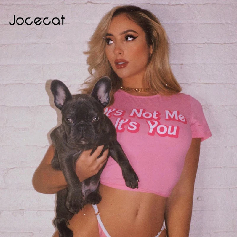 

Jocecat 2020 Summer Short Sleeve Cropped T-Shirts Women Letter Print Fashion Crop Tops Pink Cute Kawaii Party Streetwear Tops