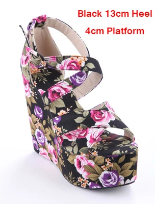 Black Wedge Sandals Floral 13cm High Heels Platform Summer Shoes Woman Flower Sandals Ankle Strap Ladies Shoes Women Footwear - Color: Black