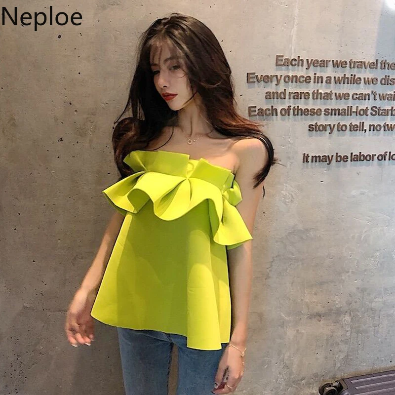 Neploe без бретелек женские блузы Tops Летние туфли на танкетке и с отделкой по краю