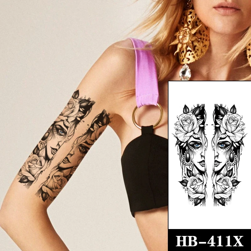 

Temporary Tattoo Stickers Sexy Rose Flower Blue Eyes Jewelry Split Mask Fake Tatto Waterproof Tatoo Leg Arm Large Size for Women