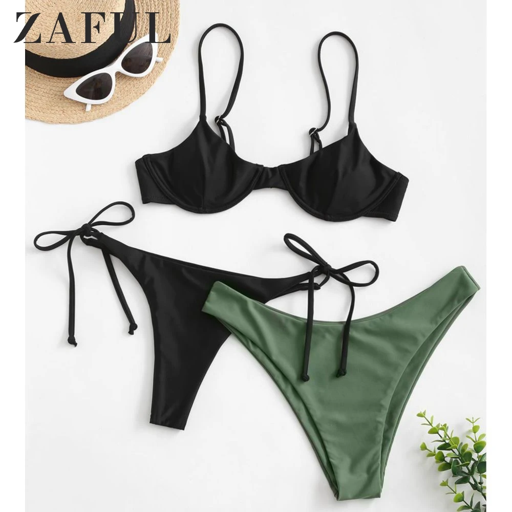 

ZAFUL Tie Side Underwire Three Piece Swimsuit Summer New Women Swimwear Bikinis Set Sexy Woman Push Up Bikini