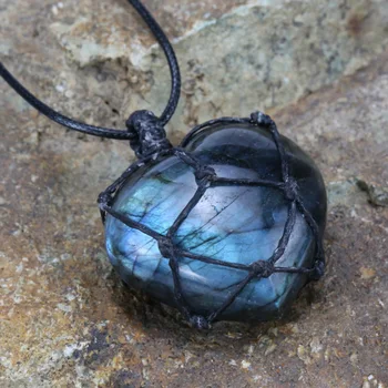 

Natural Stone Pendant Wrap braid Necklace Heart shape Labradorite Necklace Yoga macrame Necklace for men women Energy necklace