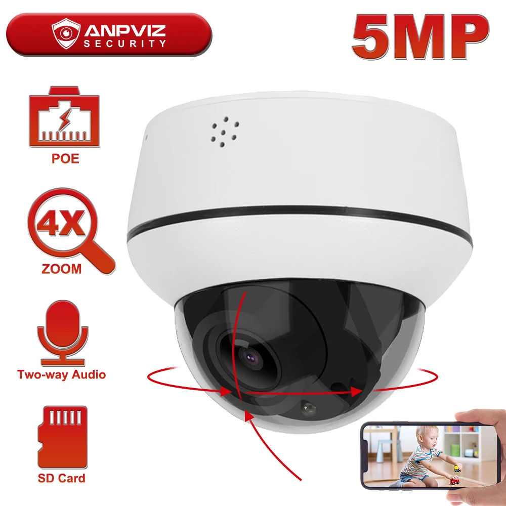External PTZ POE 5MP Security IP Camera Mini Dome Surveillance H.265 Camera Waterproof IR Night Vision Support 4X Optical Zoom SD Card Slot Two Ways Audio 