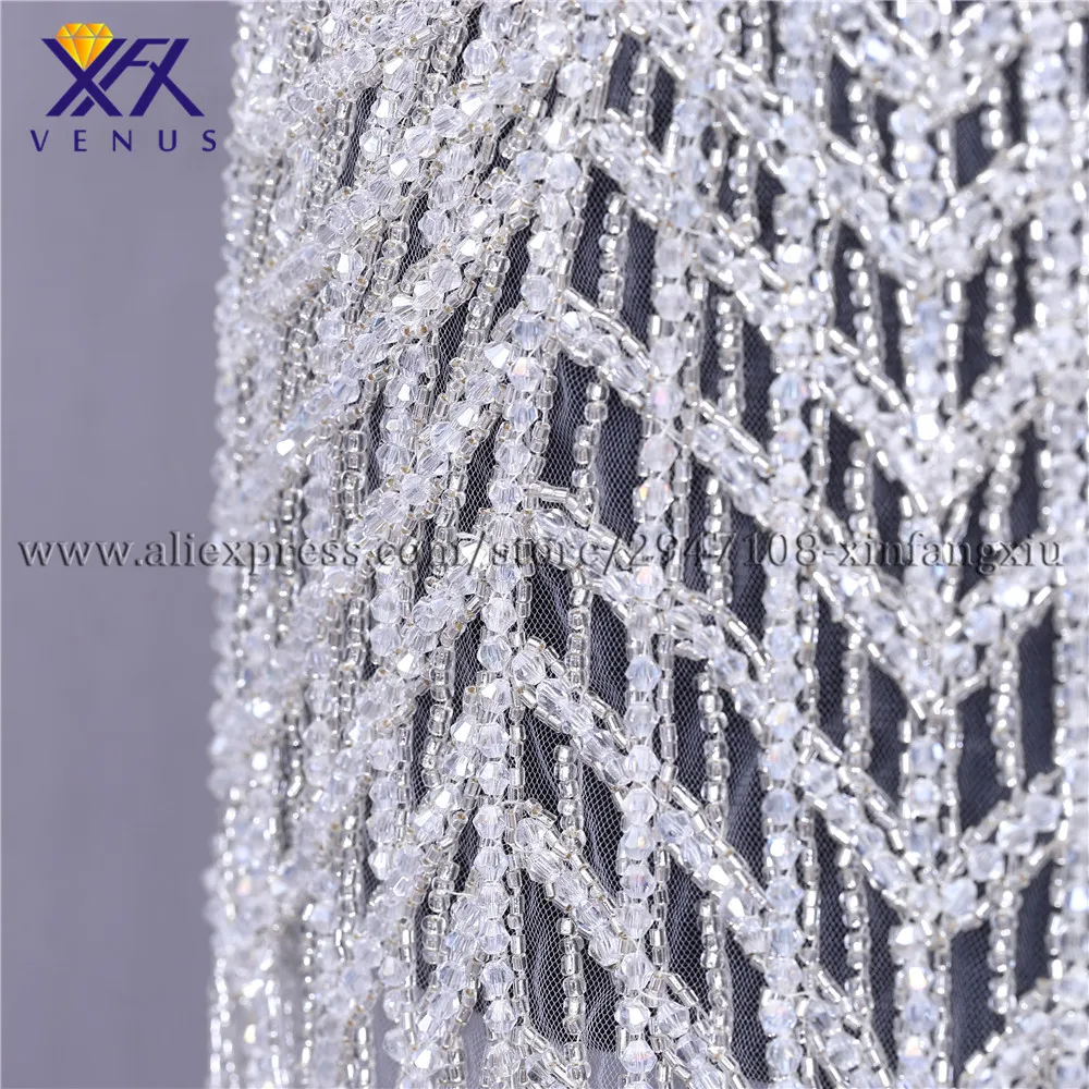 XFX VENUS Hot sale handmade silver wedding needle beaded applique Long Patches crystal Bridal Long Trim Dress for Evening 1 set