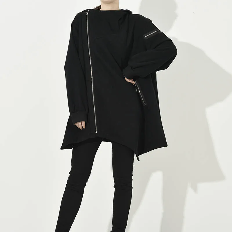 [EAM] куртка свободного кроя с асимметричным разрезом большого размера, новинка, с капюшоном, с длинным рукавом, Женское пальто, модное, Осень-зима, 1H3330