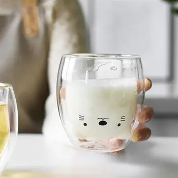 

TINKSKY 280ml Cute Cat Milk Coffee Mug Double-layer Cow Milk Glass Mug Jar Heat Resistant Home Office Milk Coffee Tea Mug Gift