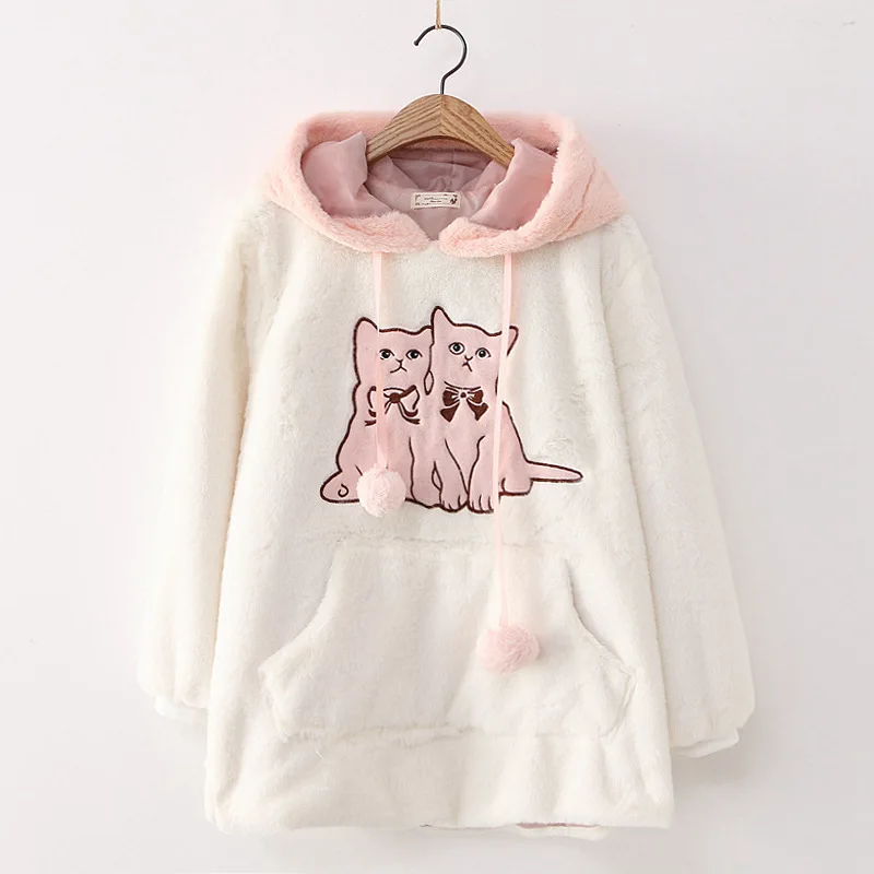 Белый Корейский стиль Kawaii женские толстовки с рисунком кота бархатная хлопковая плюшевая Толстовка Harajuku мягкий Mori пуловер для девочек верхняя одежда рубашка - Цвет: Белый