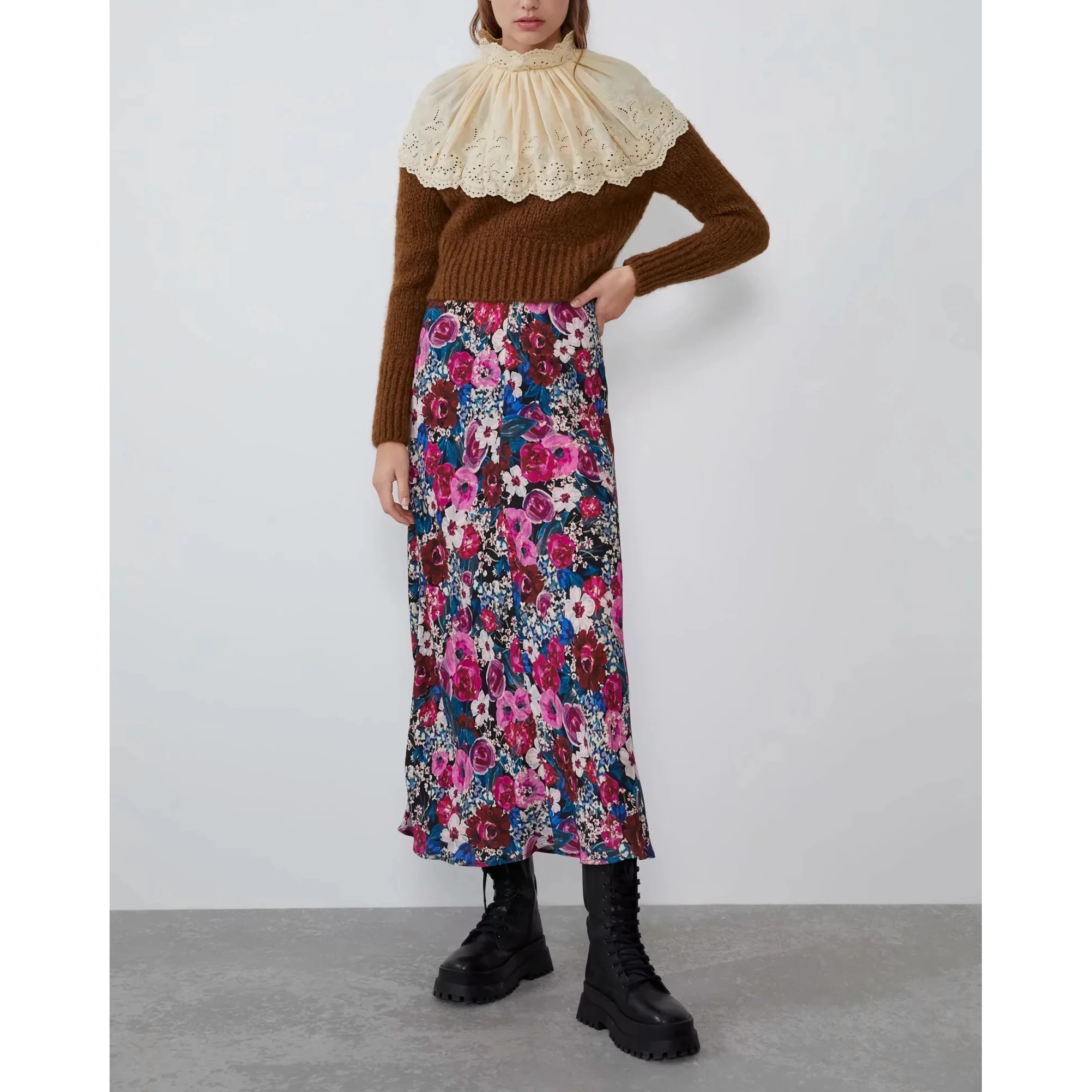 Autumn Spring knitted sweater pullover top women lace neck Stitched embroidery chic lady Casual vintage femme | Женская одежда