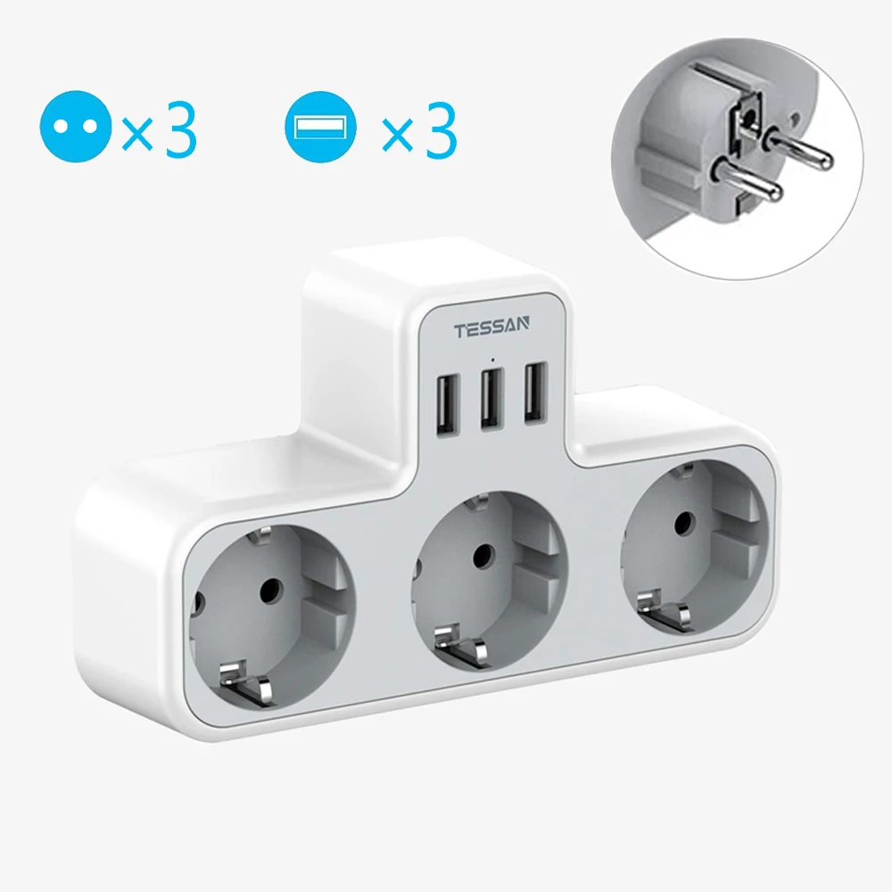 TESSAN EU Steckdose Extender mit 3 AC Outlets und 3 USB Ports 5V 2,4 A Power Adapter Überlast schutz für Home/Büro
