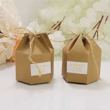 

50pcs/pack Kraft Paper Candy Present Boxes Creative Hexagon Sweet Packing Boxes with Hemp Rope Wedding Party Candy Packaging Box
