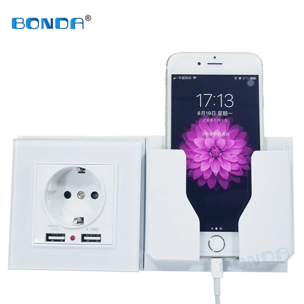 

EU wall Power plug Socket with usb outlet, Glass 2A Dual USB Charger plug wall outlet, 16A 2100ma Electrical Wall Power Socket