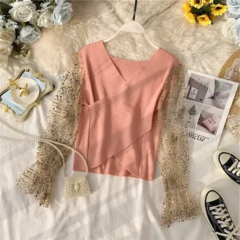 

2019 New spring autumn women Sweet elegant V-neck mesh stitching trumpet sleeve knitted sweater cc1396