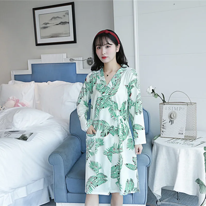 

Robe Female Spring And Autumn Pure Cotton Bathrobe Clothing Women's Summer Mid-length Nightgown Kimono Acacia Grass Pajamas Thin