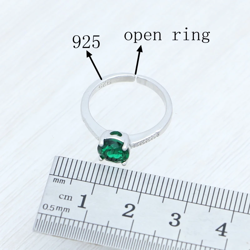 925 Silver Jewelry Set Natural Green Round Emerald Ring Earrings Pendant Necklace Open Ring Woman Birthday Gift