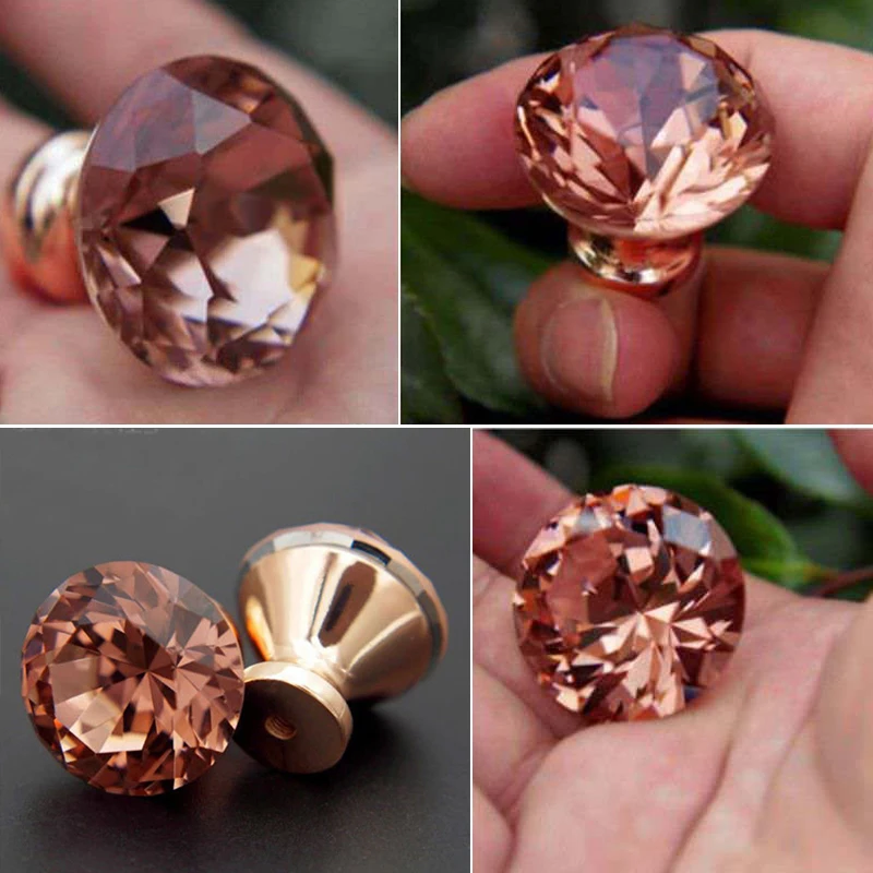 1PCS 30mm Diamond Crystal Glass Door Knobs Furniture Handle Drawer Cabinet Kitchen Wardrobe Pull Knobs Rose Gold Color