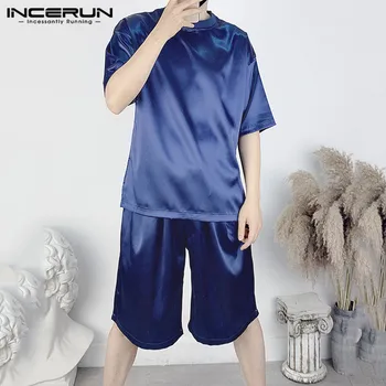

INCERUN Men Casual Sets Streetwear Loose 2020 Short Sleeve O Neck Tops Elastic Waist Shorts Men Suits Solid Color 2 Pieces Sets