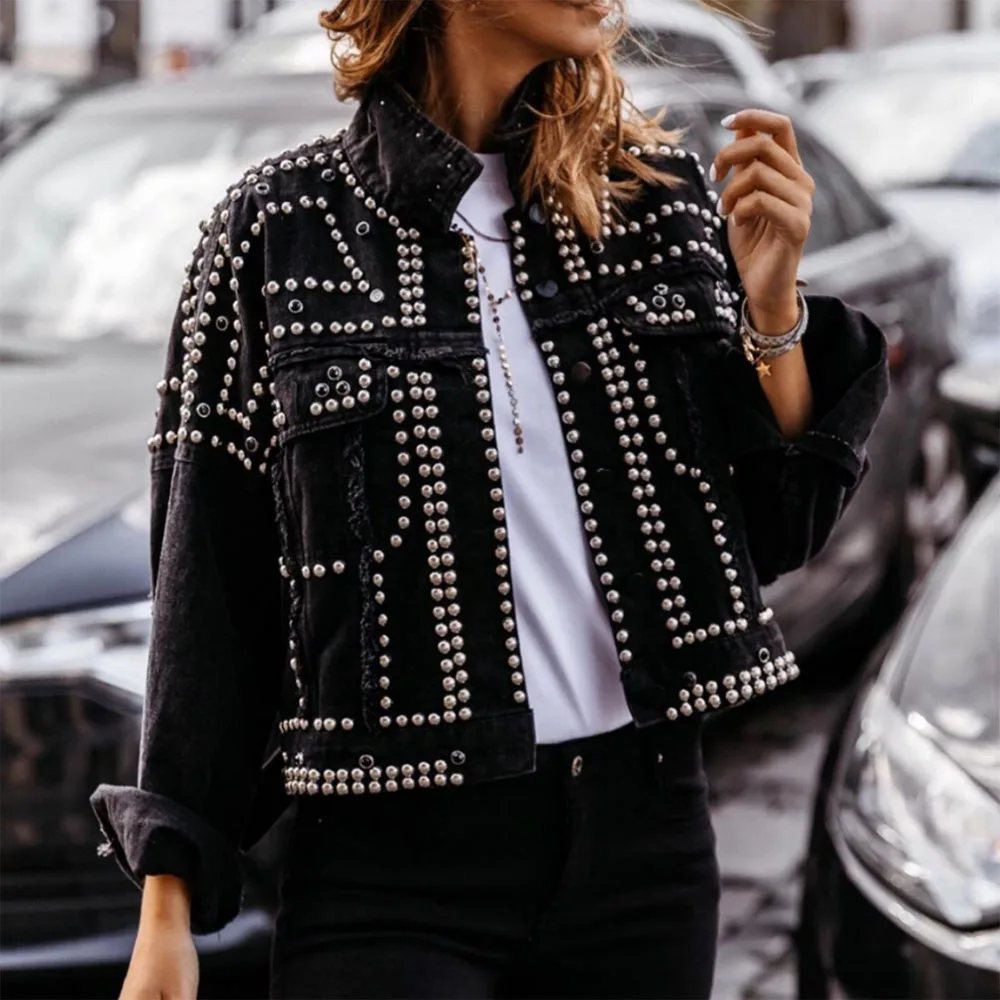 Winter Autumn Women Harajuku Rivet Jacket Coat Short Jeans Student Basic Coats Outfit Long Sleeve Single Breasted |