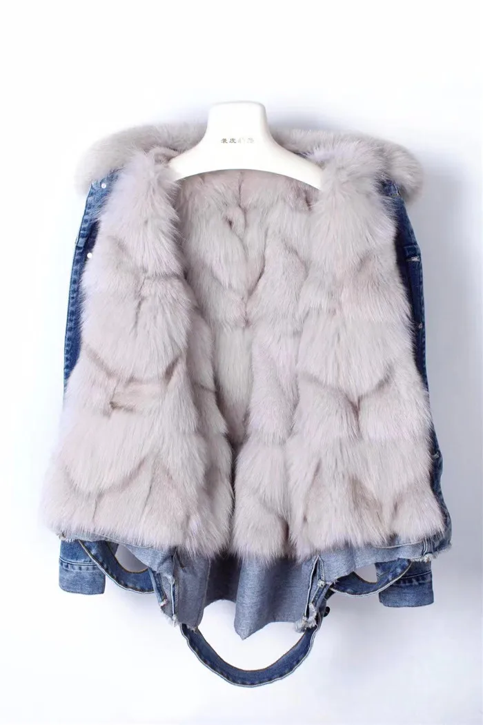real fur coat Winter Jacket Women Coat Real fox Fur lined denim jacket Parka back letter print