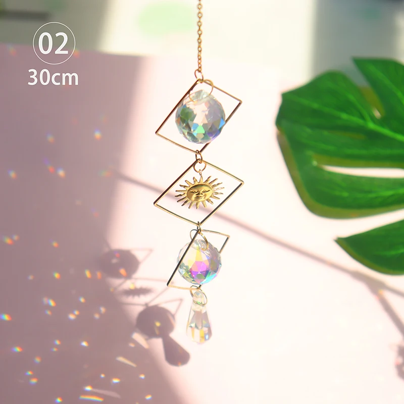 Crystal Geometric Wind Chime Star Moon Pendant Sun Suncatcher Plated Colorful Beads Hanging Drop For Outdoor Indoor Garden