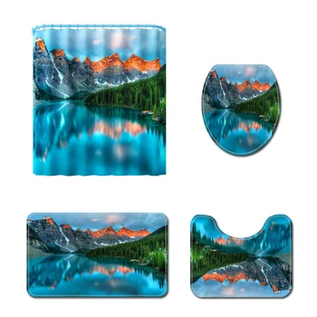 

Lake Natural Landscape Decorative Shower Curtain Set Scenery Home Bathroom Bath Mat Pedestal Rug Toilet Lid Cover 3D Mountain