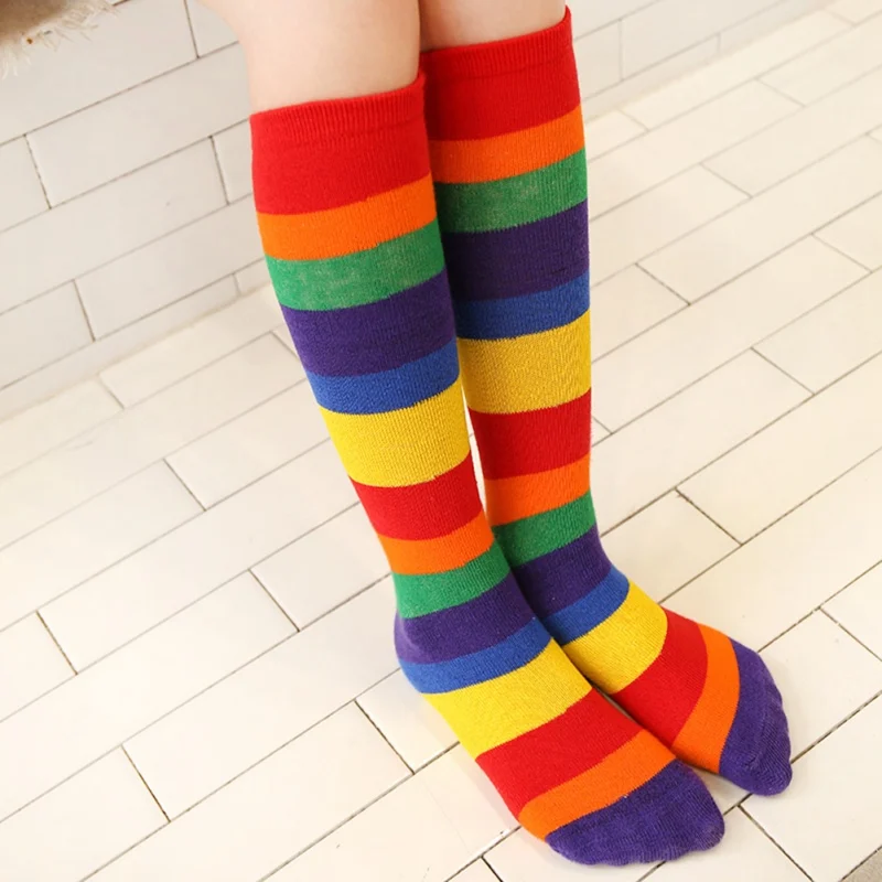 Girls Socks Knee Casual Fashion Rainbow Striped Printing Knee Socks Kids Breathable Cotton