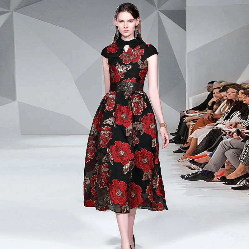 Elegant Women Runway Flower Print Jacquard Long