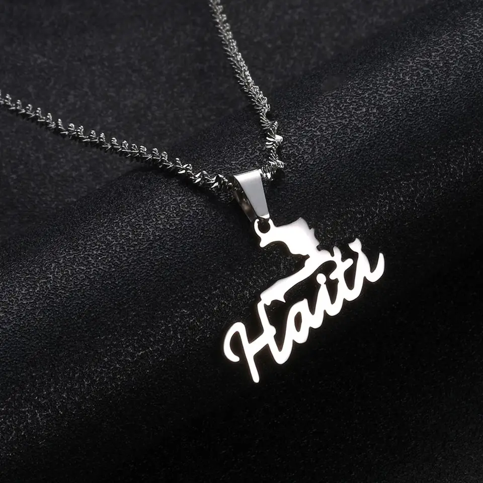 Stainless Steel Haiti Pendant Necklace - 'Ayiti' Jewelry, 24K Gold Plated, Hypoallergenic, Gift For Haitian Pride