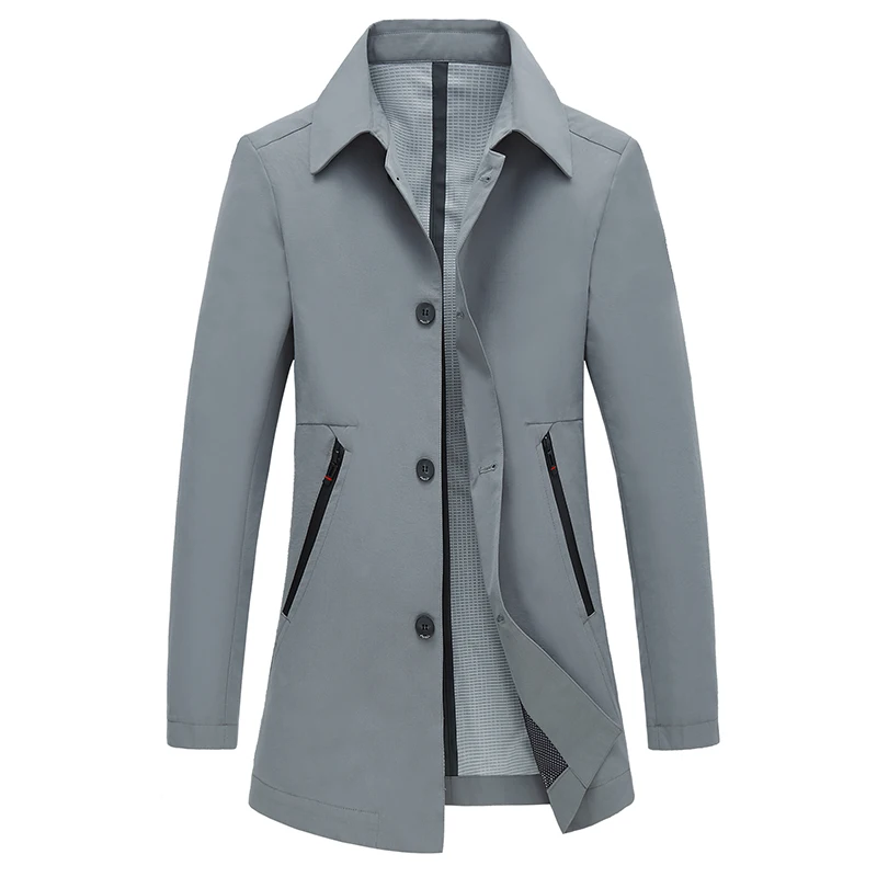 Reviews Coat Men Casual Autumn Spring Trench Coat Solid Men's Windbreaker Turn-down Collar Jacket Black Navy Blue Gray Long Jacket Men