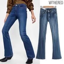 Увядшие английские винтажные обтягивающие расклешенные джинсы женские с высокой талией джинсы пуш-ап сексуальные синие расклешенные джинсы бойфренды для женщин