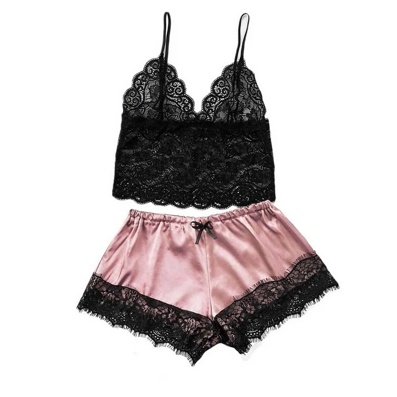 Pink Sfit Женская одежда для сна, сексуальное белье, атласное кружево, v-образный вырез, камзол шорты, набор, одежда для сна, пижама, женская сексуальная одежда для сна - Цвет: Pink