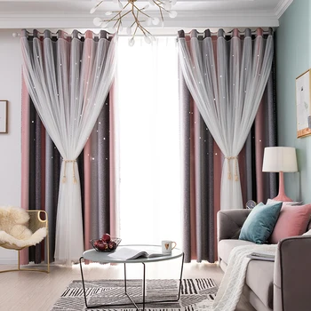 

Blackout Curtains Three-Layer Curtains For Living Room Tulle Overlay Hollow-Out Stars Window Curtains Drapes Bedroom Decoration