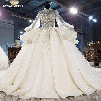 شراءHTL1945 كم طويل مضيئة فاخر أنيق رقبة عالية كريستال مطرز بالخرز فستان الزفاف 2020 مطرز فستاين سهرة/فساتين الحفلات